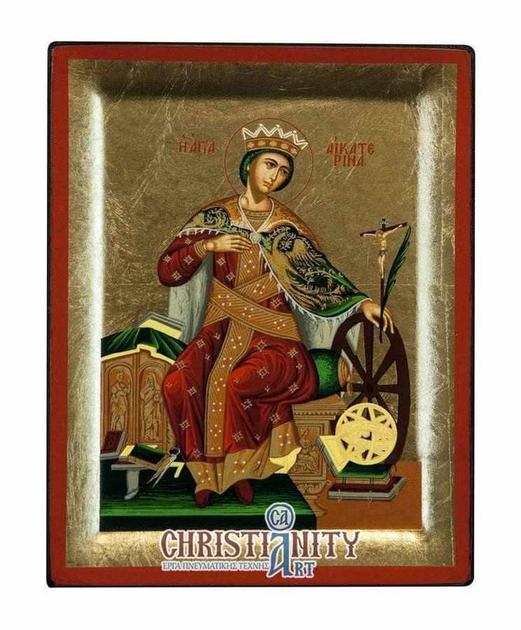 Saint Catherine - Excavated wooden image on canvas with gold background - Mount Athos