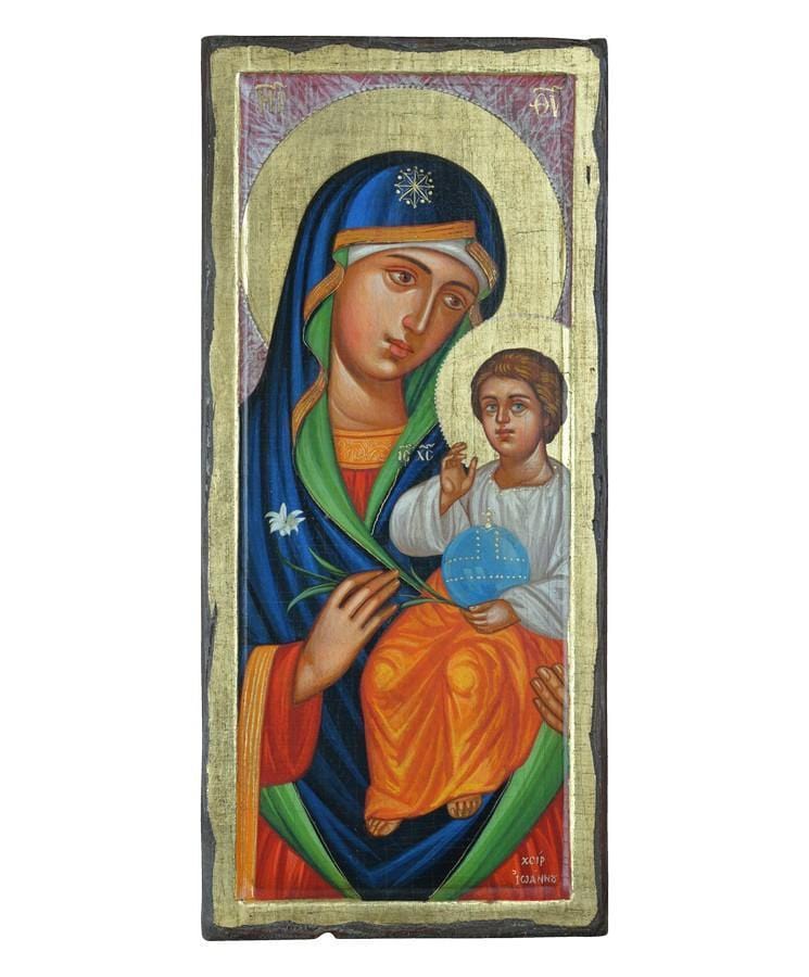 Virgin Mary of Lilies - 100% handmade wooden image on canvas with golden background - Mount Athos — additional product image 5 from Christianity Art