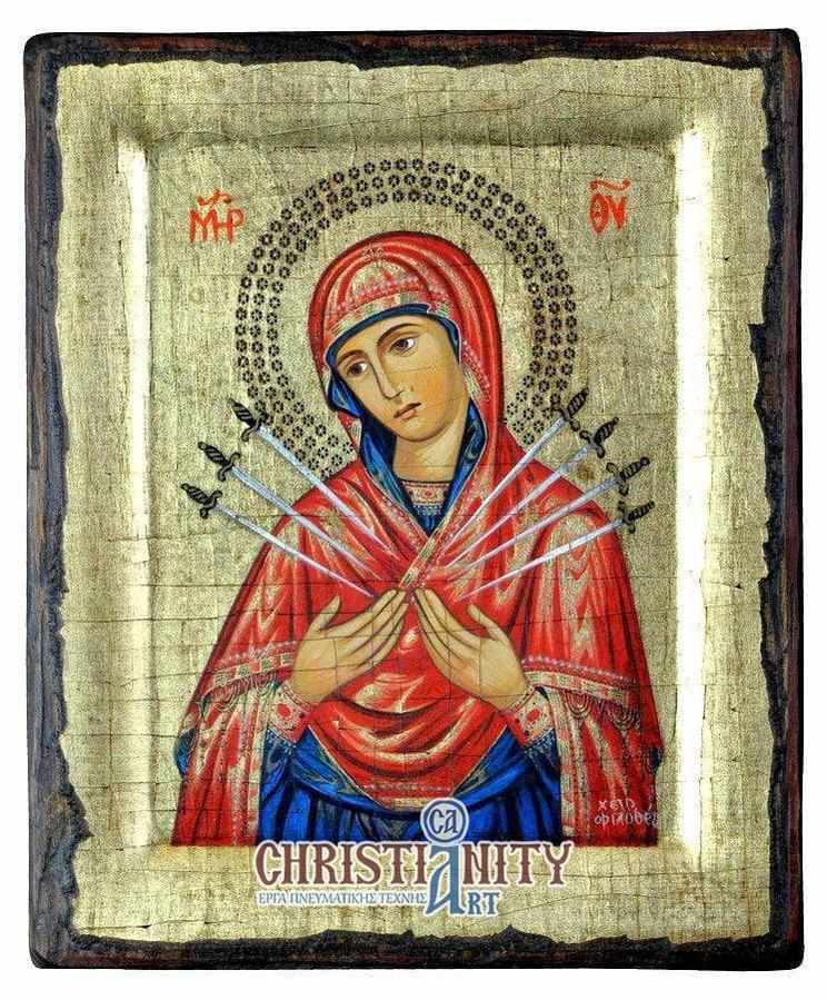Virgin Mary with 7 Swords - Handmade icon of hagiography on aged wood - Mount Athos