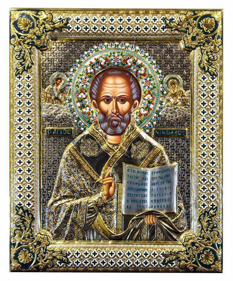 Saint Nikolaos - Silver image in wood, locally gilded and decorated with enamel - Mount Athos — additional product image 7 from Christianity Art