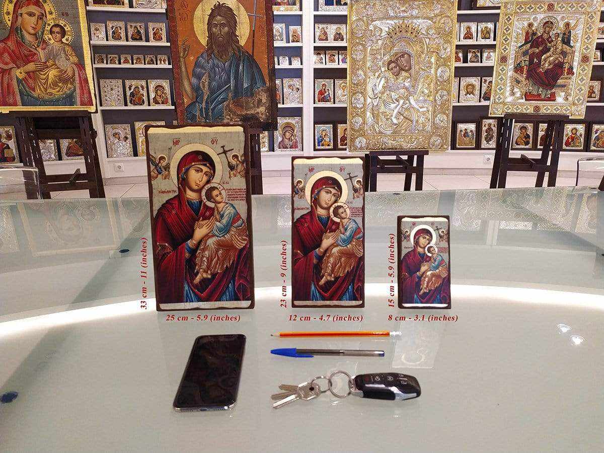 Virgin Mary Deomeni - Wooden aged image on canvas with golden background - Mount Athos — additional product image 4 from Christianity Art
