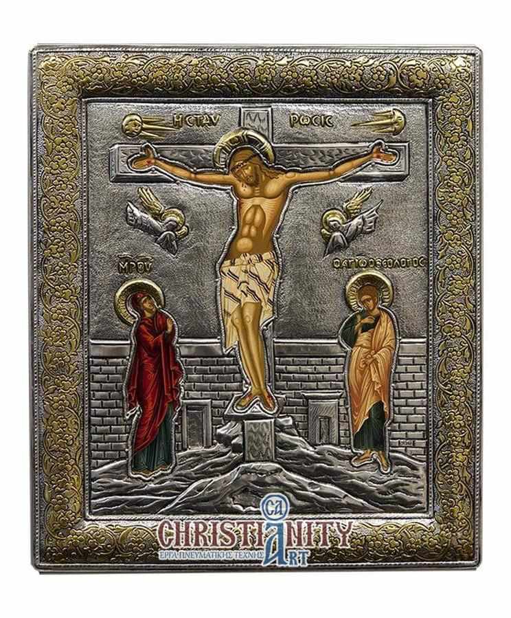 The Crucifixion of Christ - Silver image on wood, locally gilded - Mount Athos