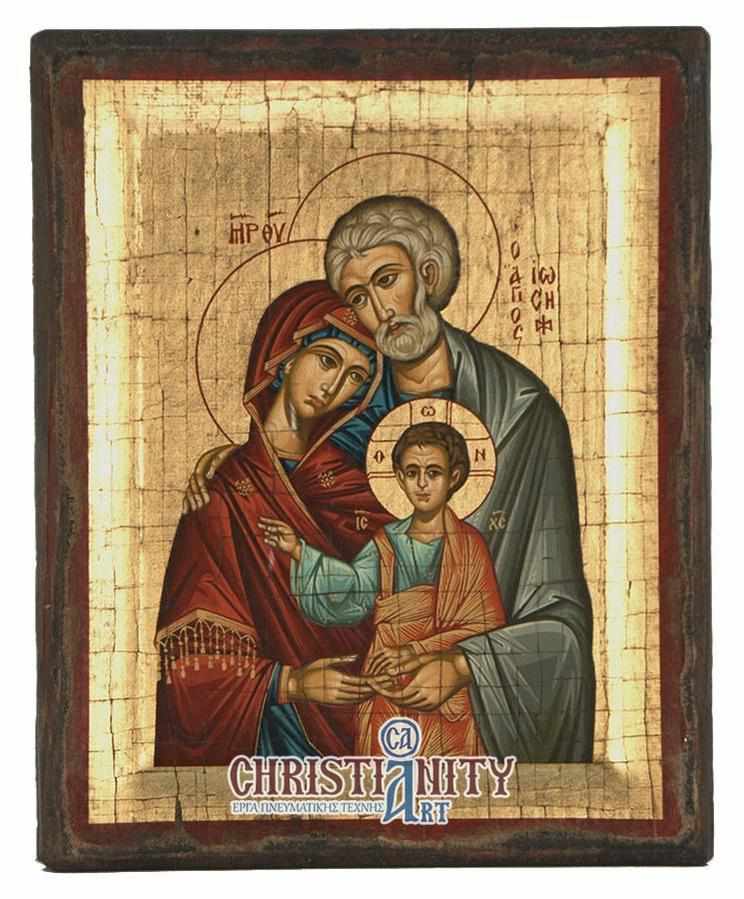 The Holy Family - Excavated wooden aged image on canvas with gold background - Mount Athos