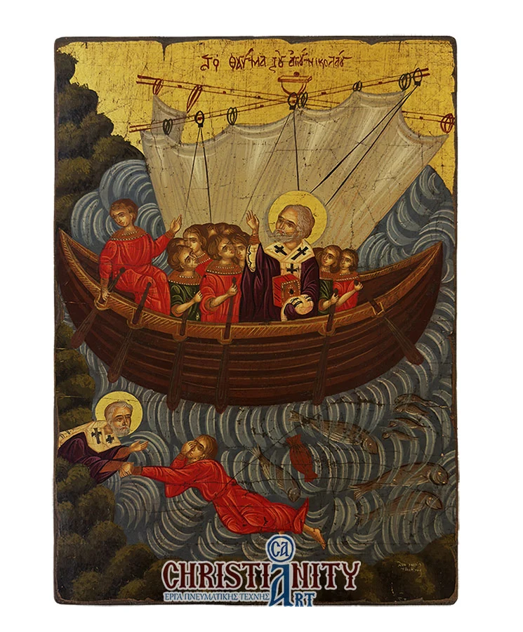The Wonder of Saint Nikolaos - Handmade hagiography - Wooden image painted on canvas - Mount Athos