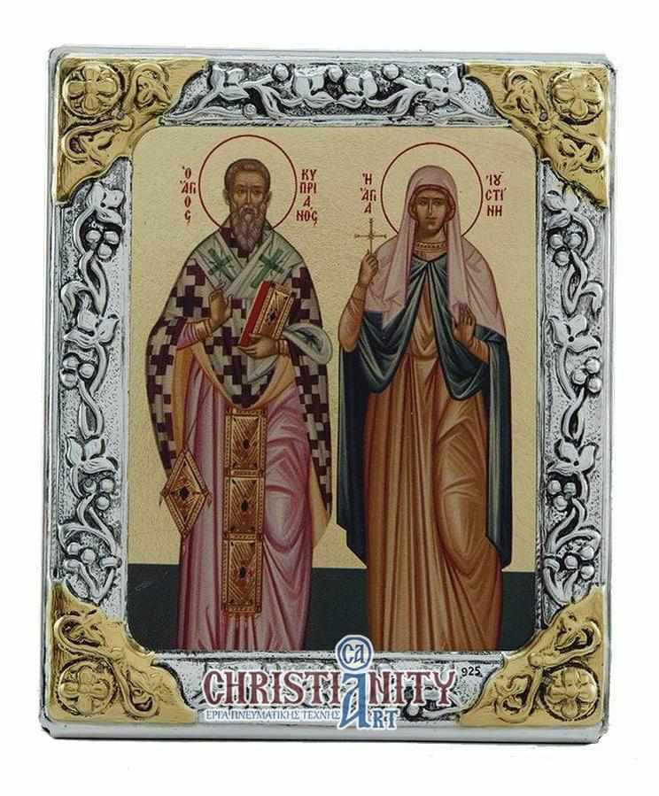 Saint Cyprian and Saint Justina - Silver icon on wood, locally gilded - Mount Athos