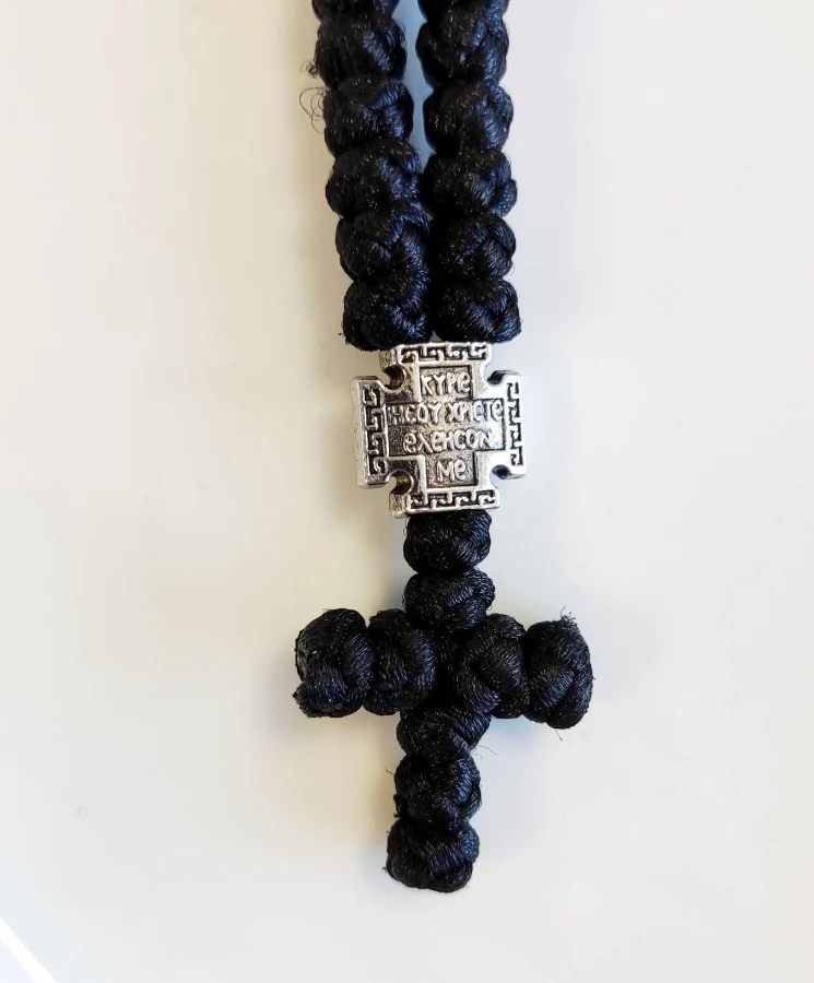 Athonite Waxed Prayer Rope with 100 Knots and Metal Cross – Black with Red Beads — additional product image 4 from Christianity Art