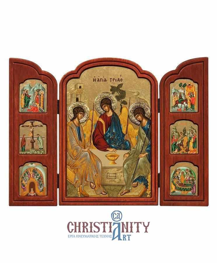 The Saint Triada - Old wooden icon triptych with silver halo locally gold plated - Mount Athos