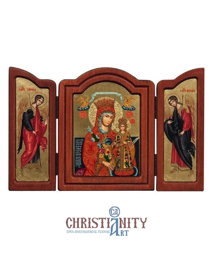 Virgin Mary of Rods - Old wooden icon triptych on canvas with golden background - Mount Athos