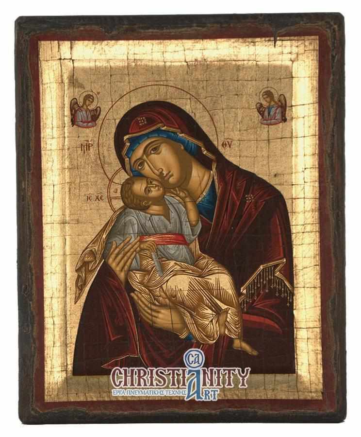 Virgin Mary Glylofilousa - Engraved wooden aged image on canvas with golden background - Mount Athos
