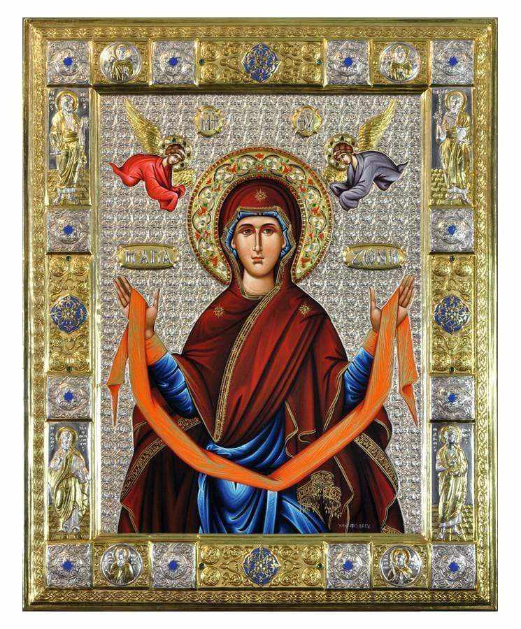 Virgin Mary Holy Zone - Silver image in wood, locally gilded and decorated with enamel - Mount Athos — additional product image 5 from Christianity Art