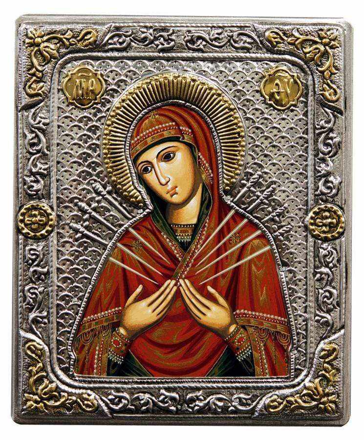 Virgin Mary with 7 Swords - Silver image on wood, locally gilded - Mount Athos — additional product image 5 from Christianity Art