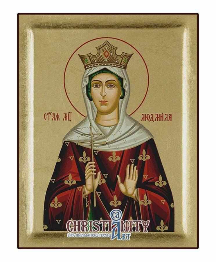 Saint Ludmila - Carved wooden image on canvas with gold background - Mount Athos