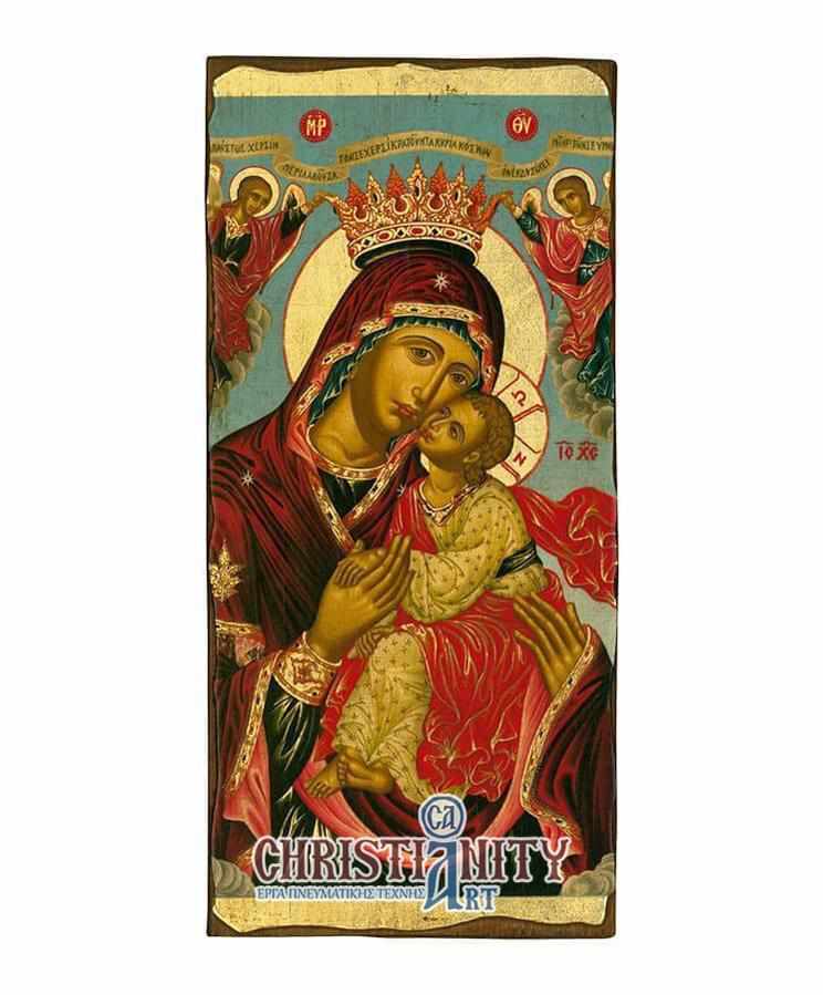 Virgin Mary Glykissousa - Wooden aged image on canvas with golden background - Mount Athos