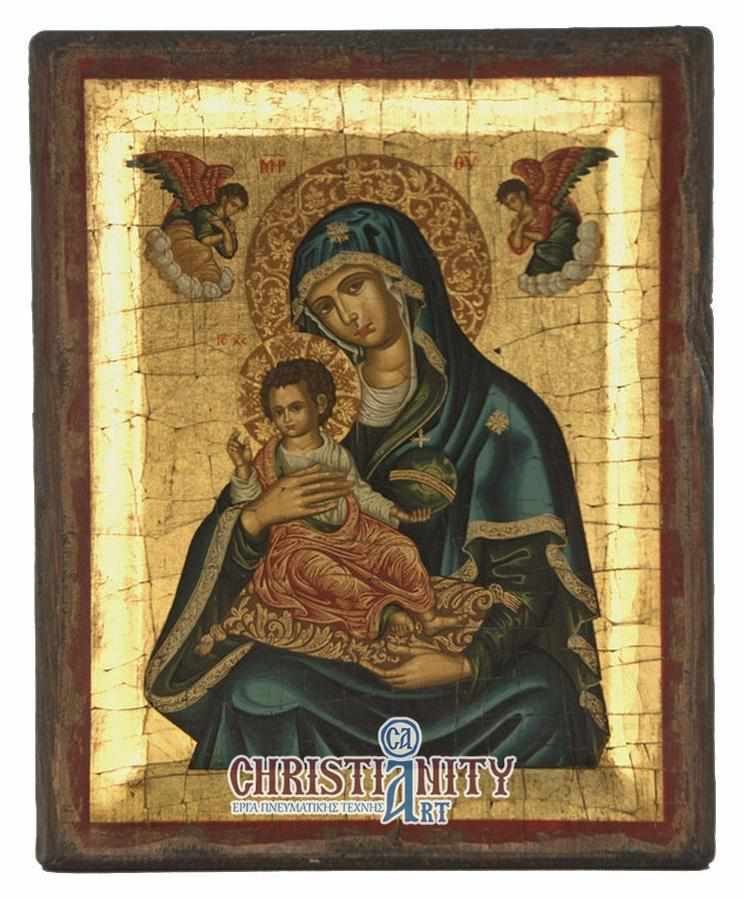 Virgin Mary Brefokratusa - Engraved wooden aged image on canvas with golden background - Mount Athos