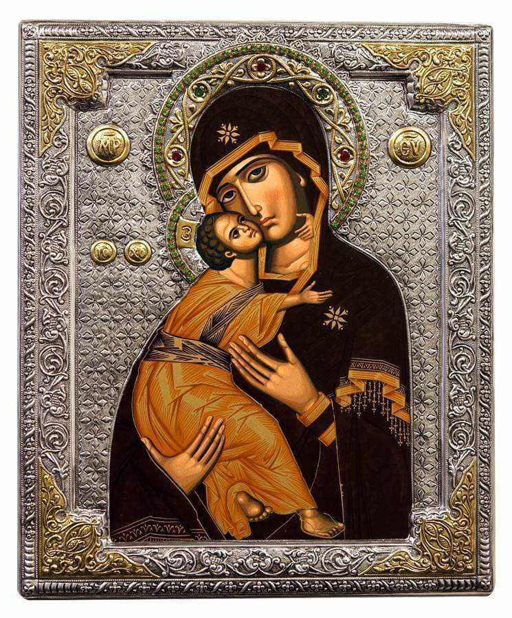 Virgin Mary Vladimir - Silver image in wood, locally gilded - Mount Athos — additional product image 8 from Christianity Art