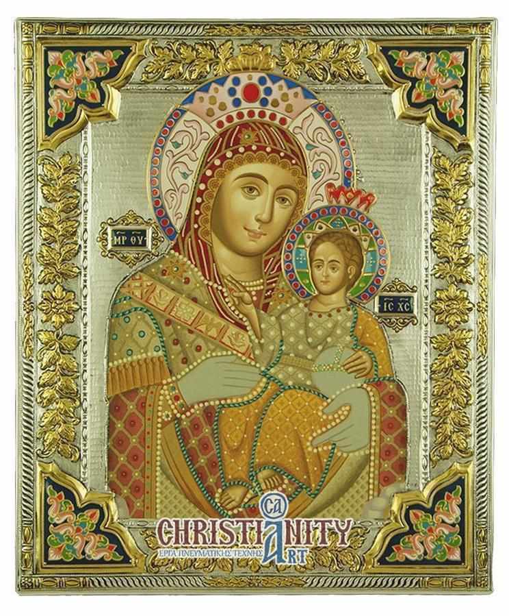 Virgin Mary Bethlehemtis - Silver image on wood, locally gilded and decorated with enamel - Mount Athos