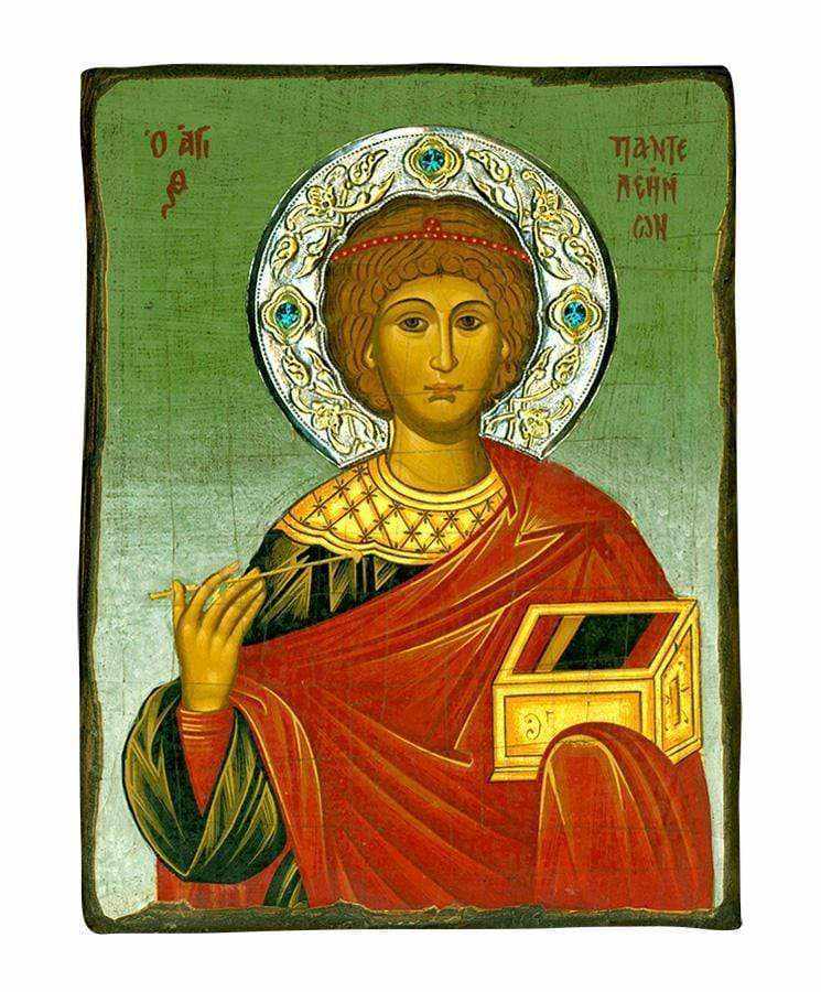 Saint Panteleimon - Old wooden image with silver halo locally gold plated - Mount Athos — additional product image 5 from Christianity Art