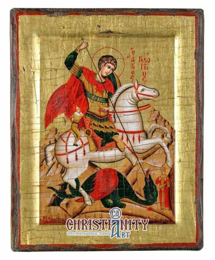 Saint George - 100% handmade wooden picture on canvas with gold background - Mount Athos