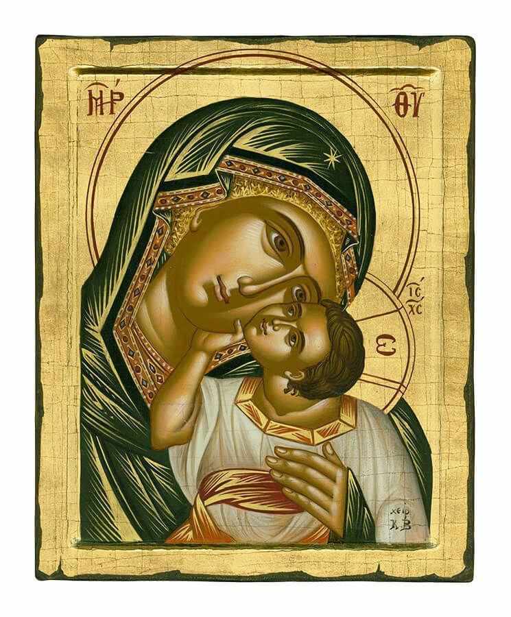 Virgin Mary and Baby - 100% handmade wooden image on canvas with golden background - Mount Athos — additional product image 4 from Christianity Art
