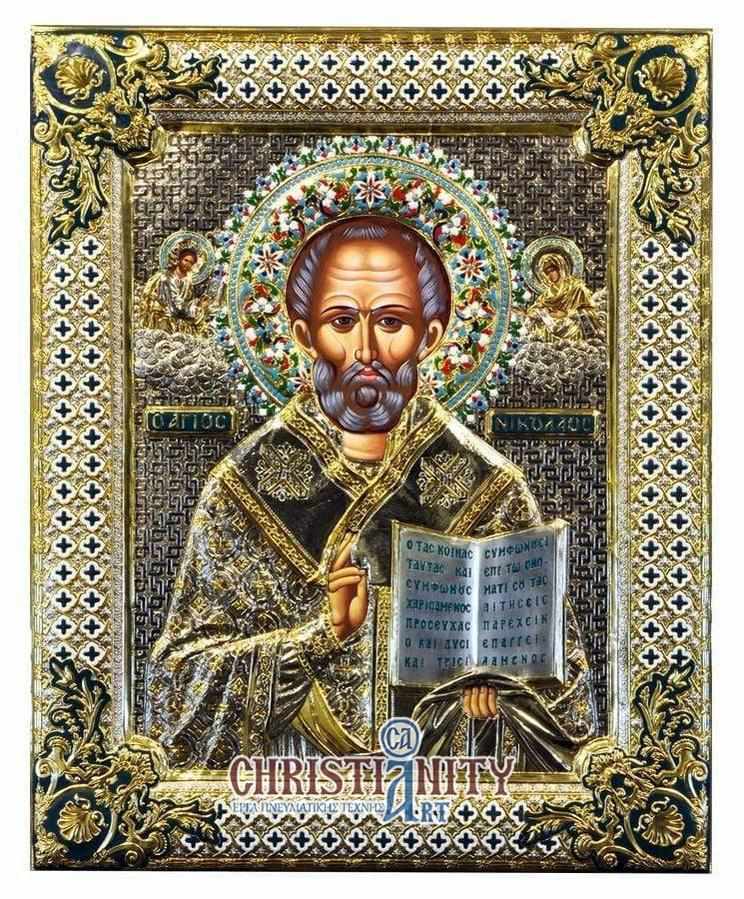Saint Nikolaos - Silver image in wood, locally gilded and decorated with enamel - Mount Athos
