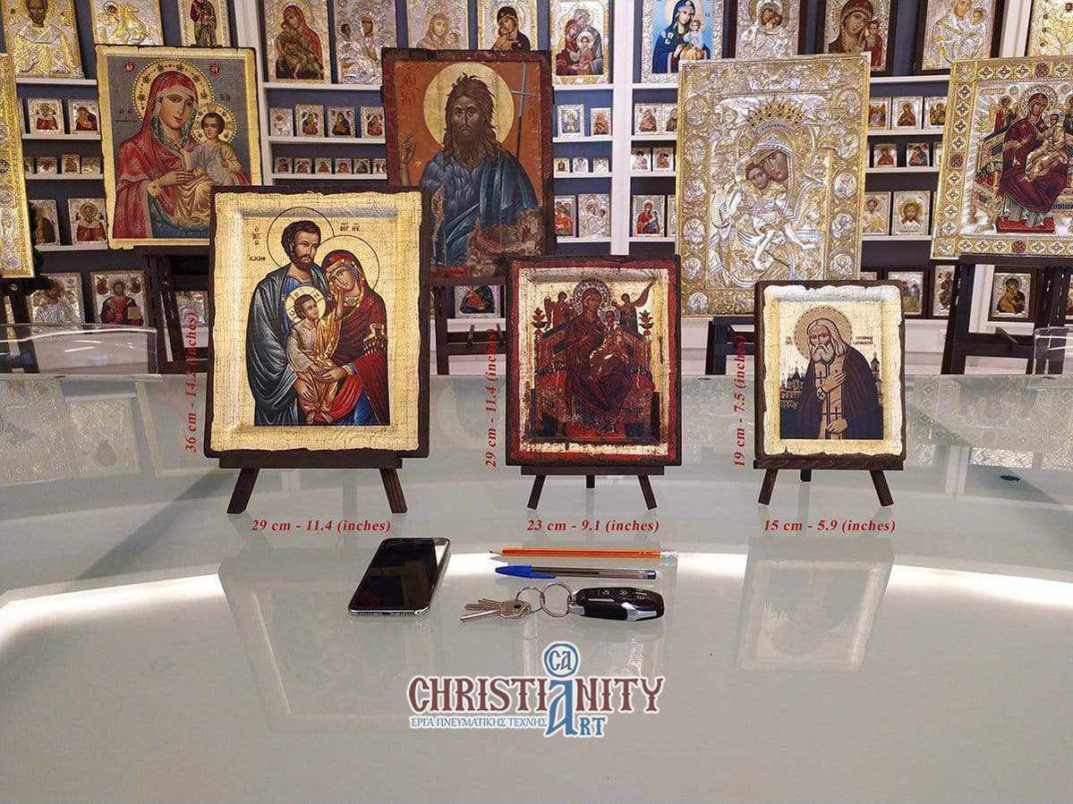 The Holy Family - Excavated wooden aged image on canvas with gold background - Mount Athos — additional product image 4 from Christianity Art