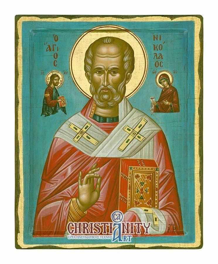 Saint Nikolaos - 100% handmade wooden picture on canvas with gold background - Mount Athos
