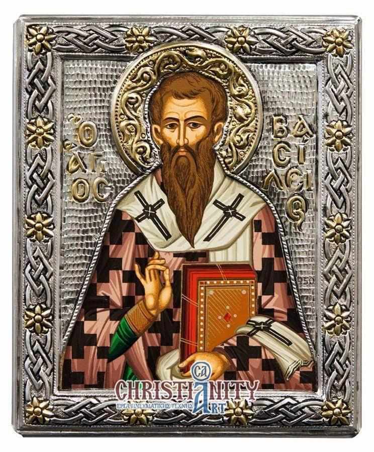Saint Vasilios - Silver image in wood, locally gold plated - Mount Athos