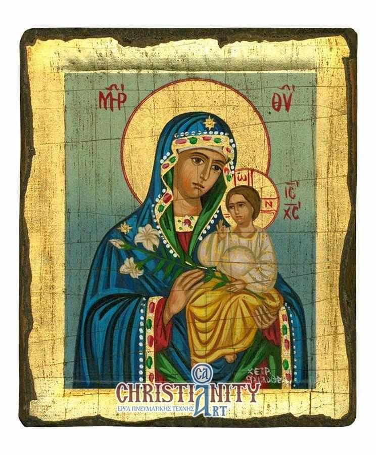 Virgin Mary of Lilies - Handmade icon of hagiography on aged wood - Mount Athos
