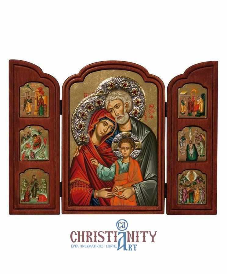 The Holy Family - Antique wooden triptych icon with silver halo locally gilded - Mount Athos