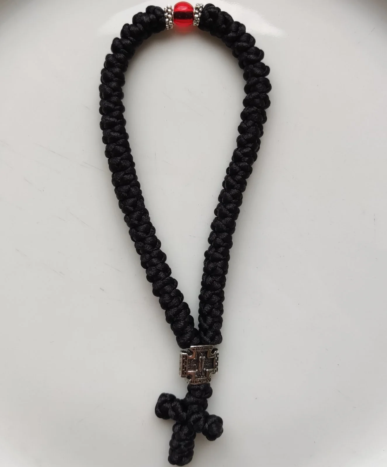 Athonite Waxed Prayer Rope with Metal Cross & Red Bead – Black — additional product image 2 from Christianity Art