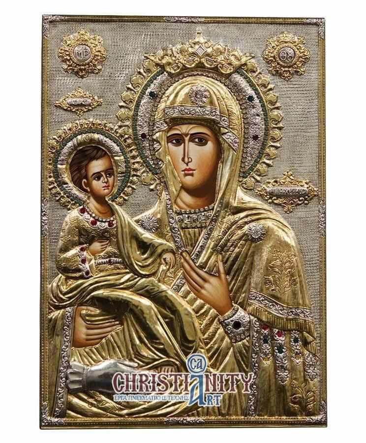 Virgin Mary Triherousa - Silver image in wood, locally gilded - Mount Athos — additional product image 2 from Christianity Art