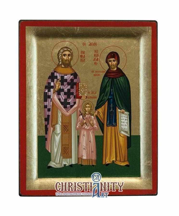 Saints Raphael Nicholas and Irene - Engraved wooden image on canvas with gold background - Mount Athos
