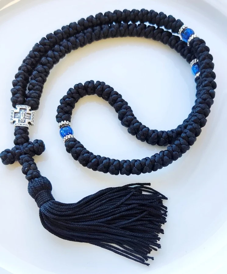 Athonite Waxed Prayer Rope with 100 Knots, Metal Cross & Tassel – Black with Coloured Beads — additional product image 2 from Christianity Art