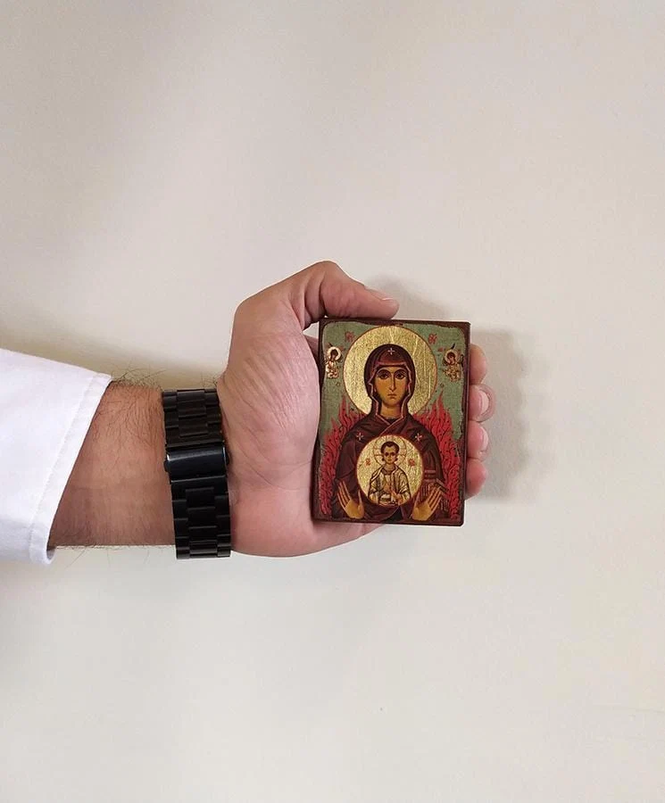 Our Lady Burning Vatos - Wooden aged image on canvas with golden background - Mount Athos — additional product image 4 from Christianity Art