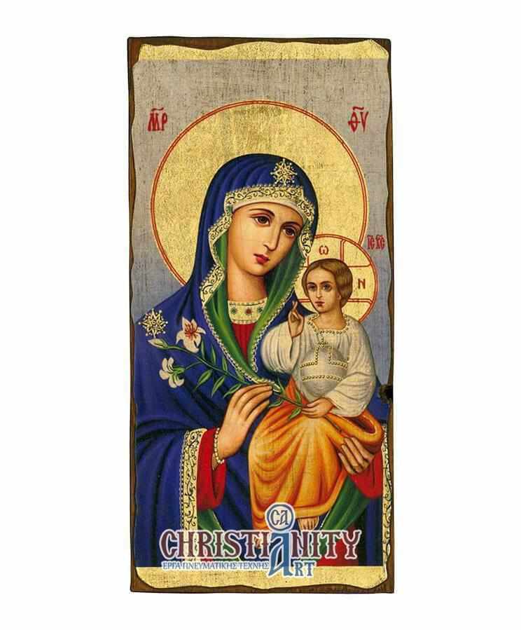 Our Lady of Lilies - Wooden aged image on canvas with golden background - Mount Athos