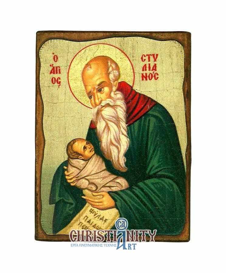 Saint Stylianos - Wooden aged image on canvas with golden background - Mount Athos