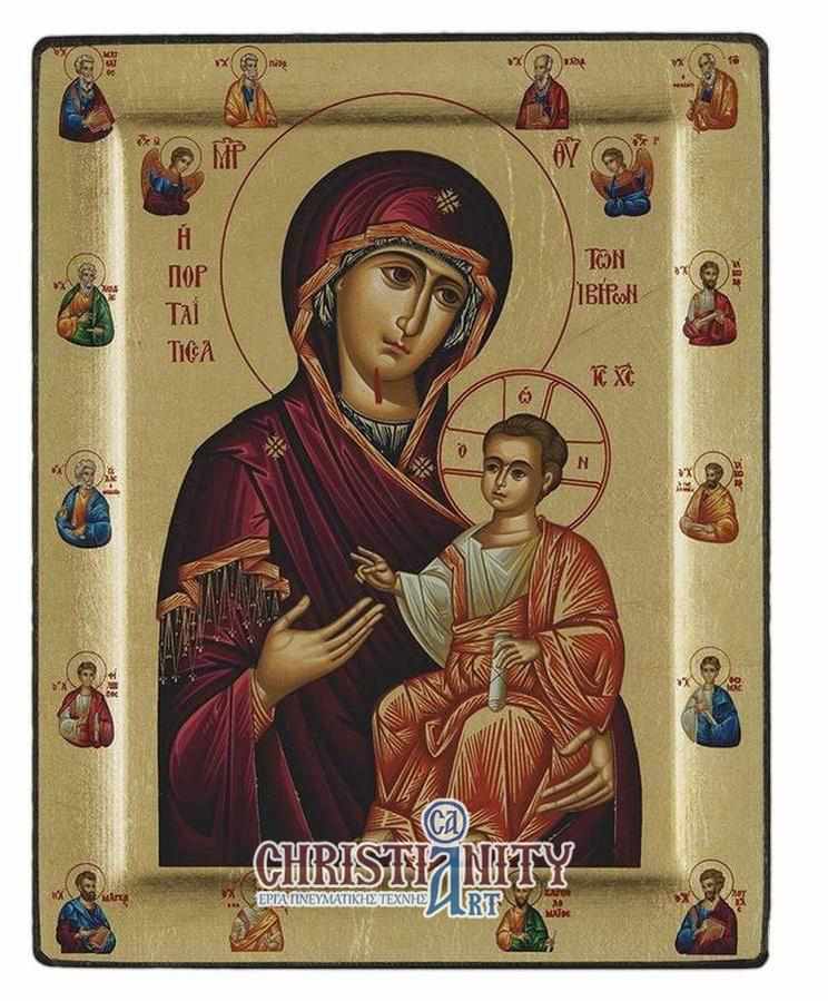 Virgin Mary Portaitissa - Engraved wooden image on canvas with golden background - Mount Athos
