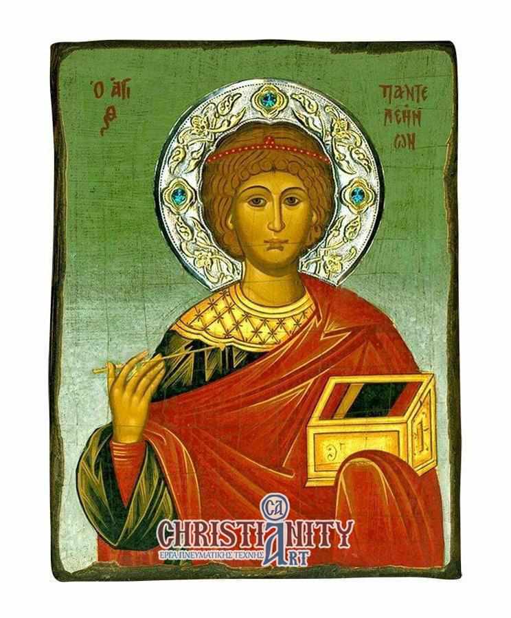 Saint Panteleimon - Old wooden image with silver halo locally gold plated - Mount Athos