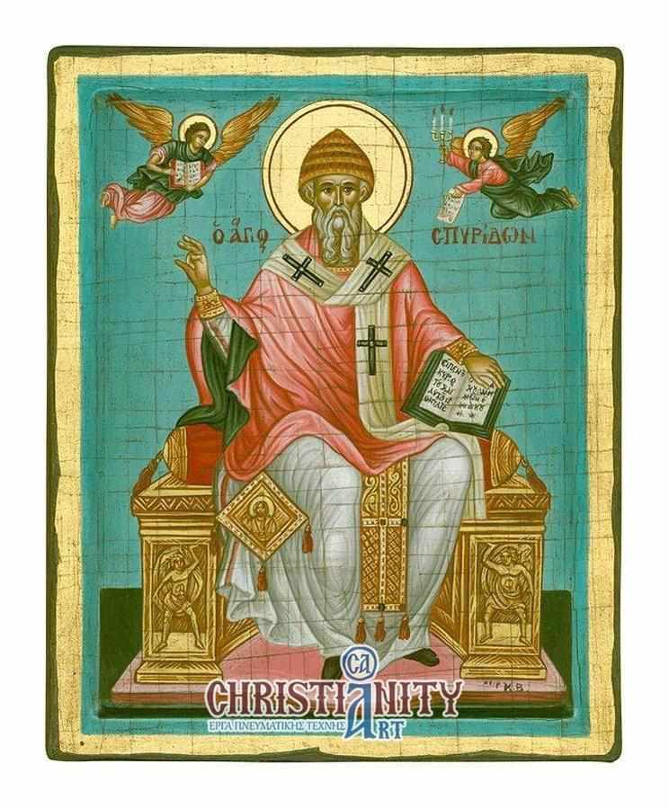Saint Spyridon - 100% handmade wooden picture on canvas with gold background - Mount Athos