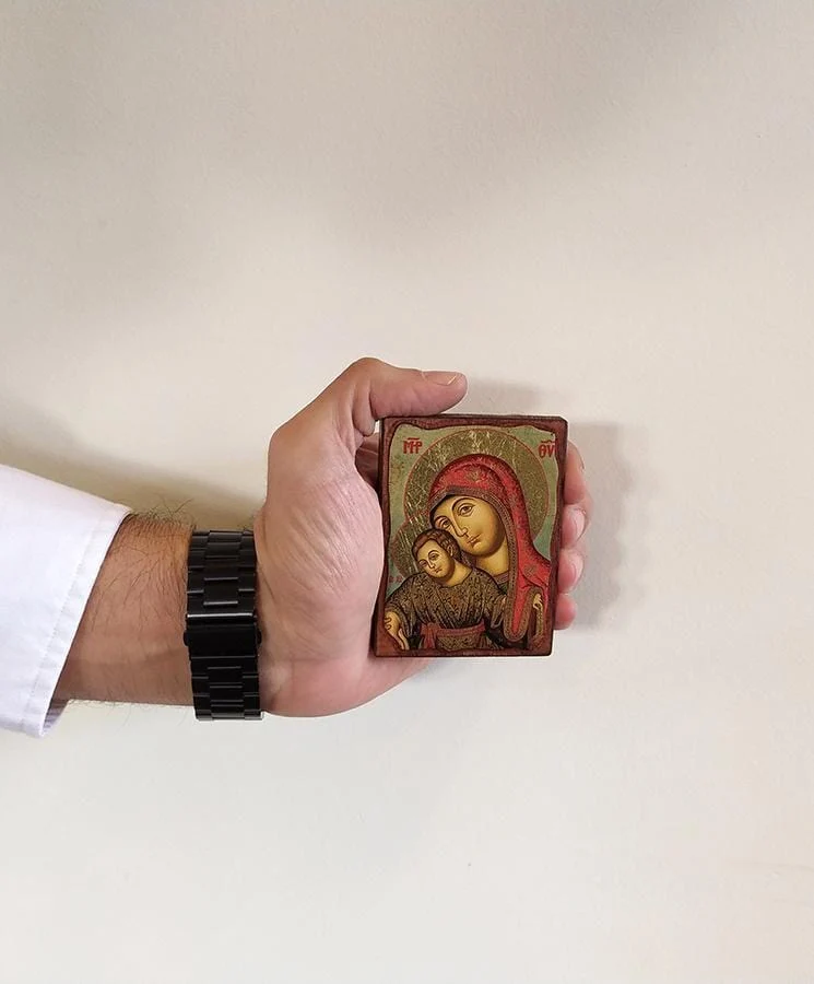 Virgin Mary Theotokos Elousa - Wooden aged image on canvas with golden background - Mount Athos — additional product image 4 from Christianity Art