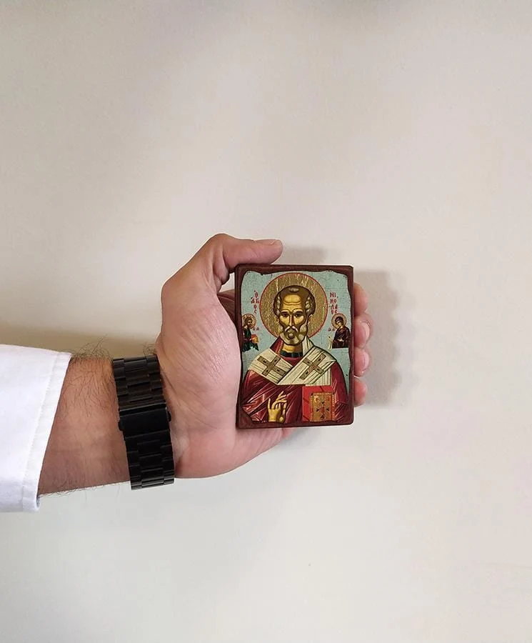 Saint Nikolaos - Wooden aged image on canvas with golden background - Mount Athos — additional product image 4 from Christianity Art