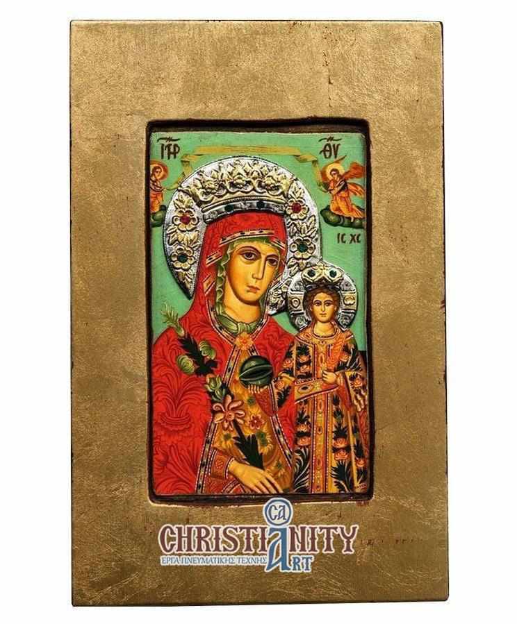 Virgin Mary of Rhodes - Old wooden image with silver halo locally gold plated - Mount Athos — additional product image 2 from Christianity Art