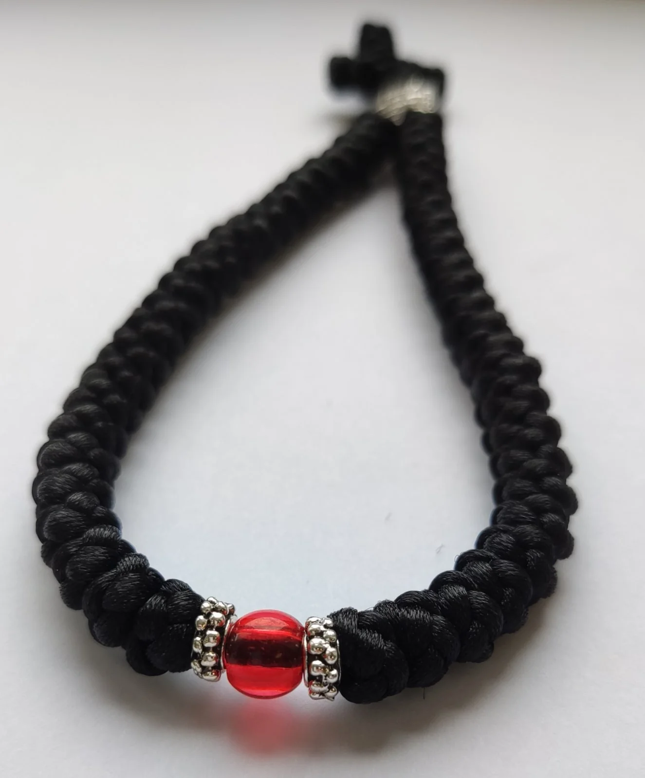 Athonite Waxed Prayer Rope with Metal Cross & Red Bead – Black — additional product image 3 from Christianity Art