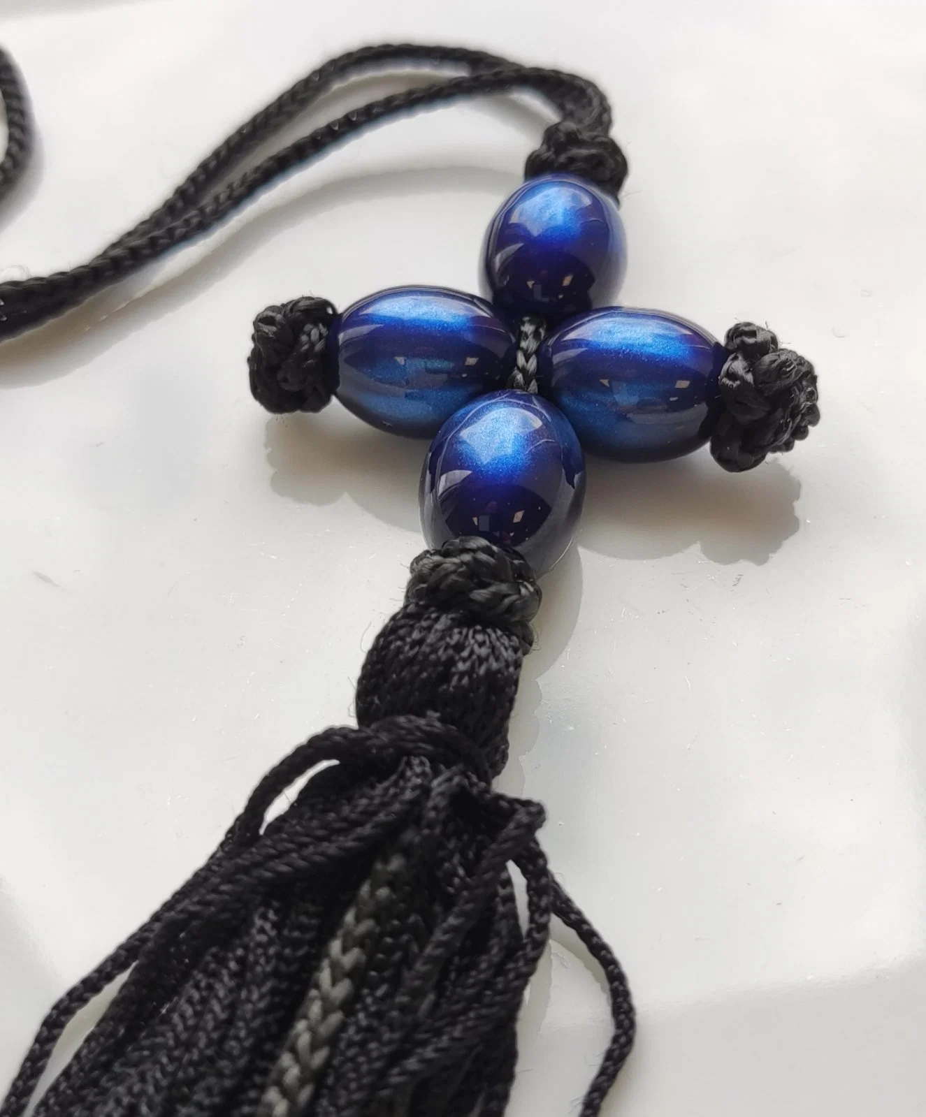 Athonite Waxed Prayer Rope with Blue-Bead Cross & Tassel — additional product image 2 from Christianity Art