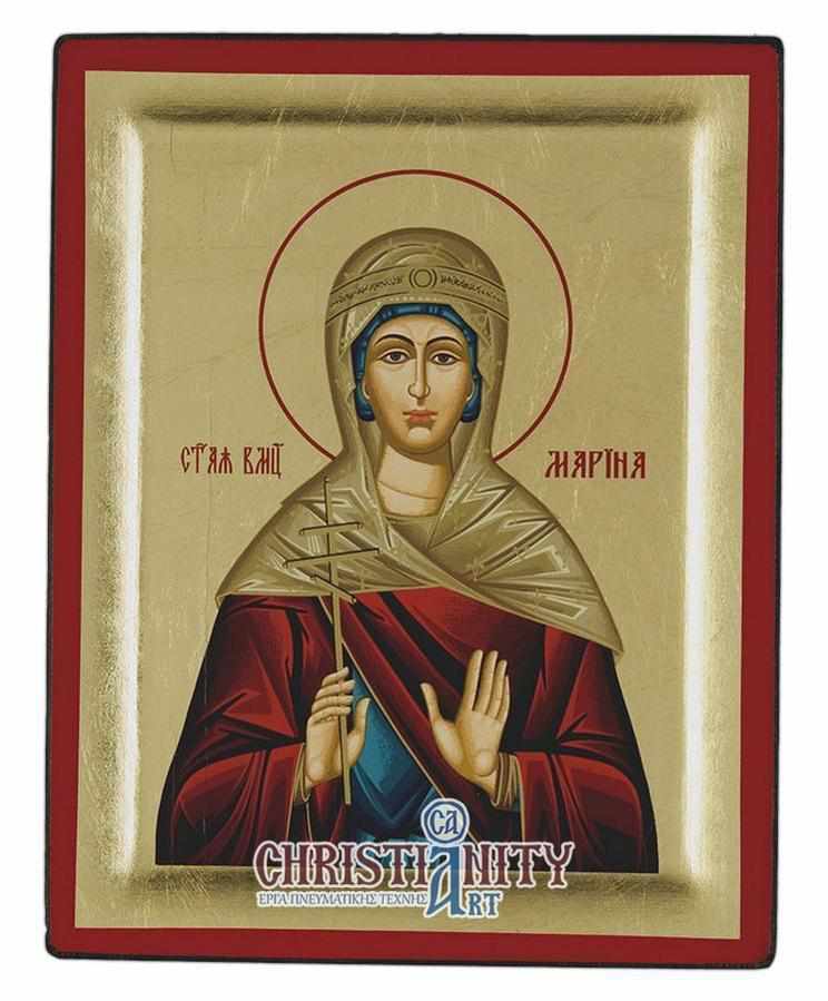 Saint Marina - Excavated wooden image on canvas with gold background - Mount Athos — additional product image 2 from Christianity Art