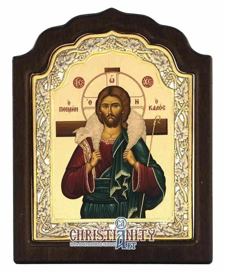 Christ Good Shepherd - Silver image on wood, locally gilded - Mount Athos