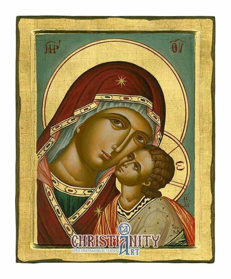 Virgin Mary Glykissousa - 100% handmade wooden image on canvas with golden background - Mount Athos