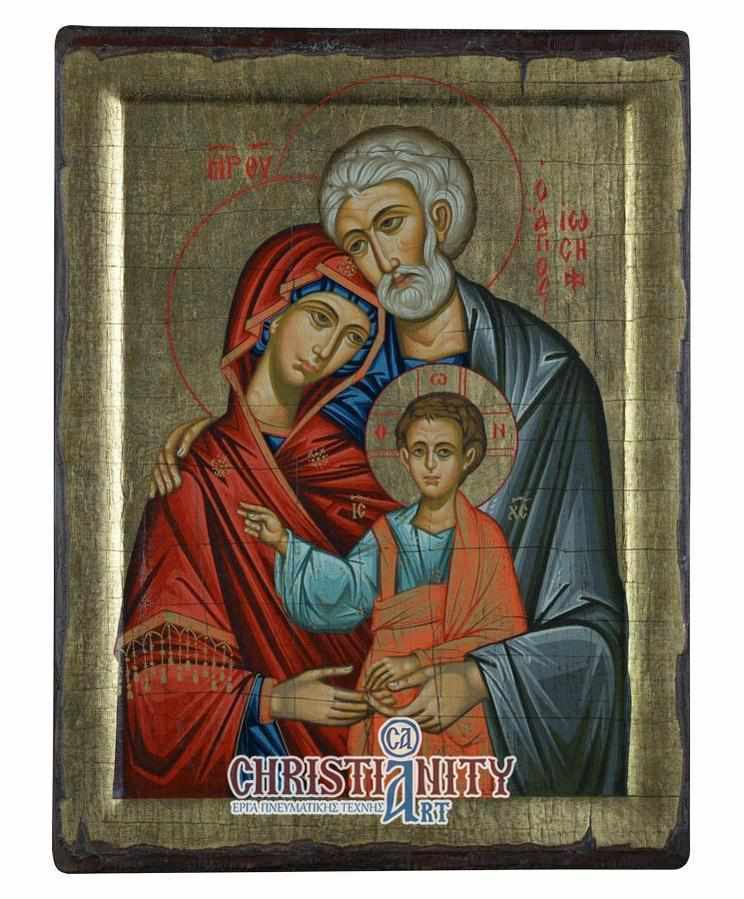 The Holy Family - Excavated wooden aged image on canvas with gold background - Mount Athos — additional product image 2 from Christianity Art