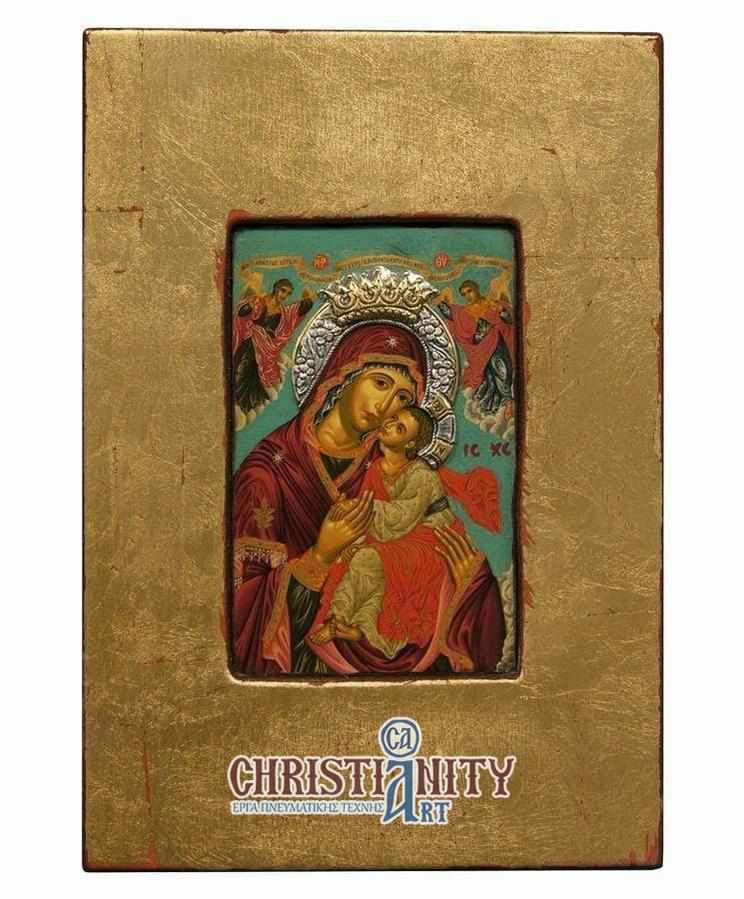 Virgin Mary Glylofilousa - Old wooden image with silver halo locally gold plated - Mount Athos