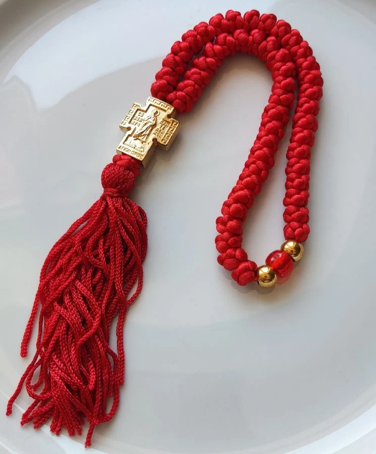 Athonite Waxed Prayer Rope with 50 Knots, Embossed Metal Cross & Tassel – Red